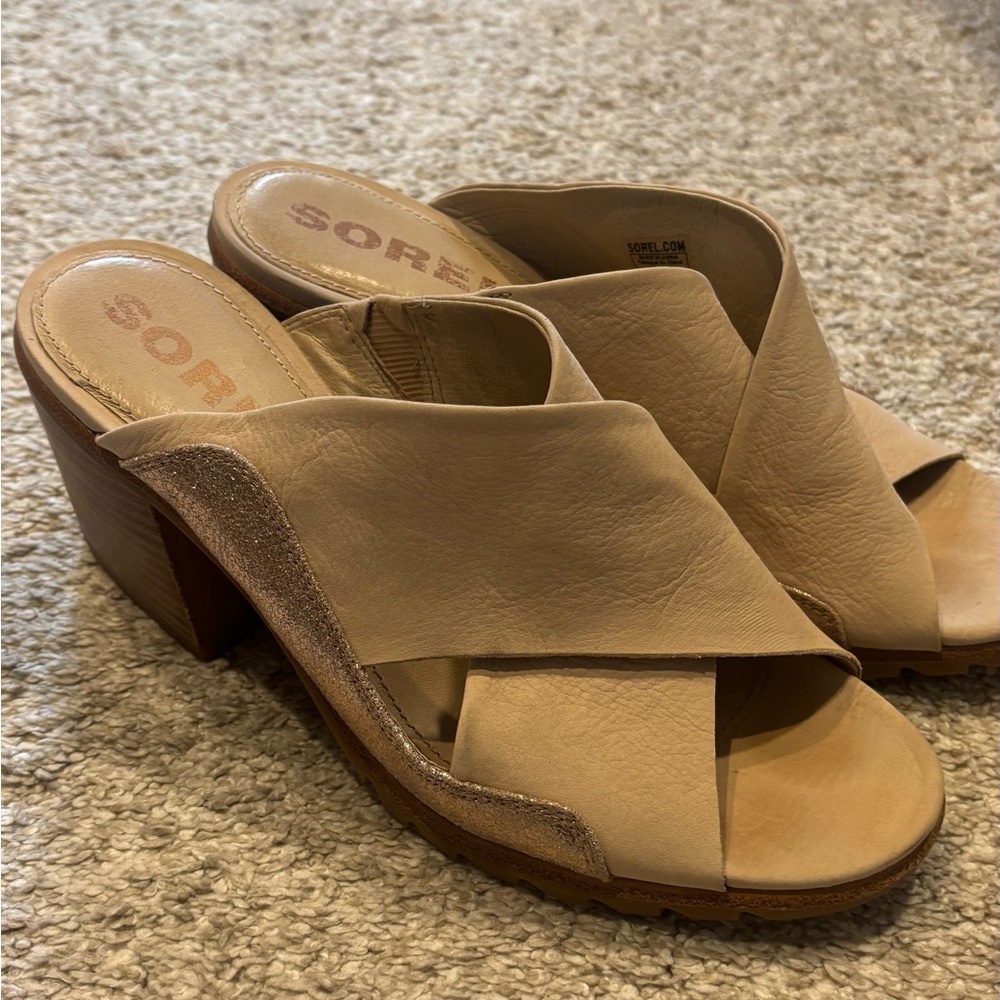 SOREL Nadia Slip-on Mule Chunky Heels Sandal Women's Size8.5Cream Pink ish White